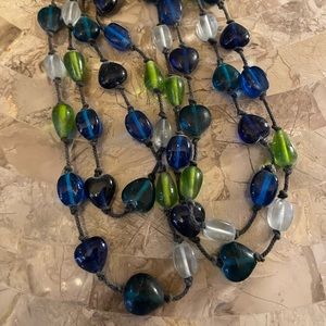 Very Long (31”) Necklace with Chartreuse and Blue Beads